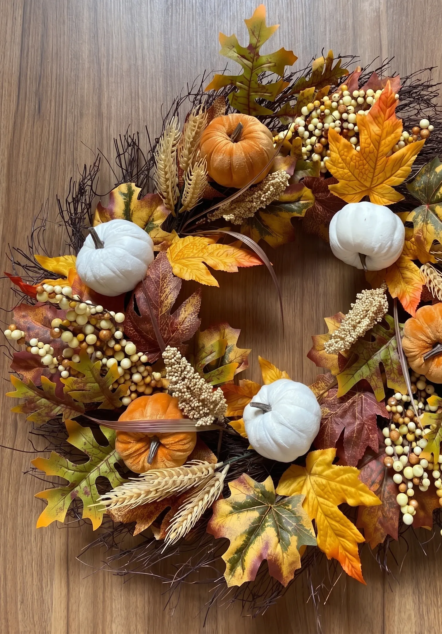 Corona otoñal con calabazas y hojas de maple