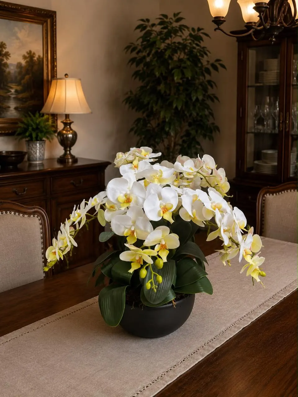 Orquídeas phalaenopsis blancas en maceta negra