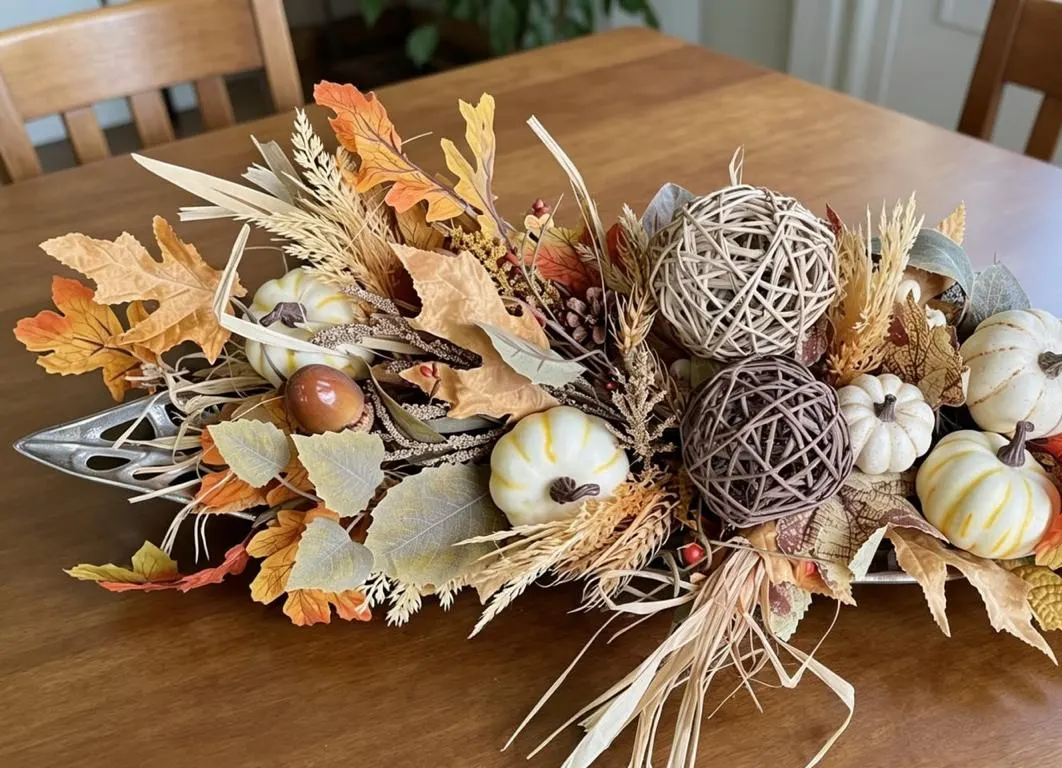 Centro de mesa otoñal con calabazas y trigo